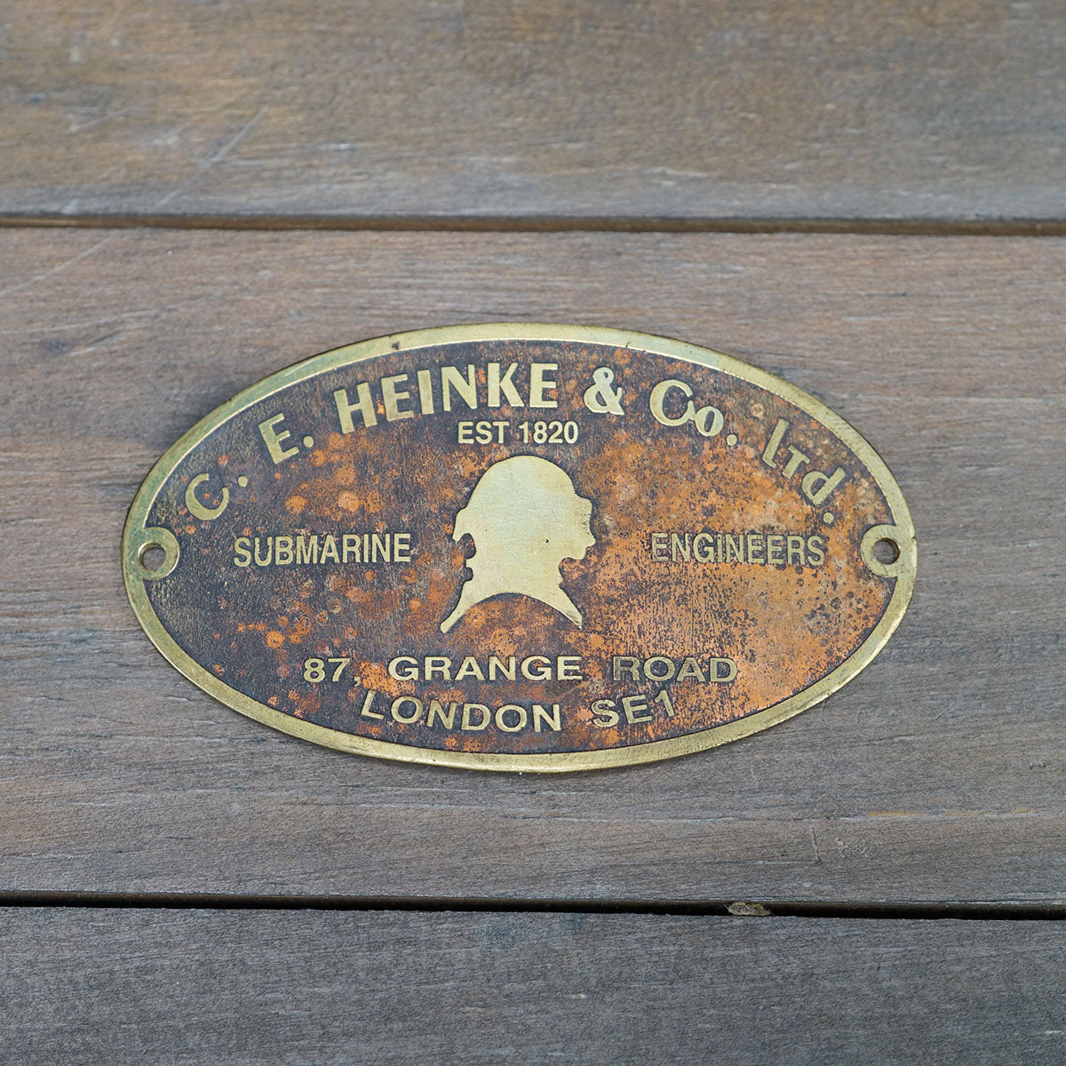 Small C E Heinke Helmet Makers Plate Trinity Marine