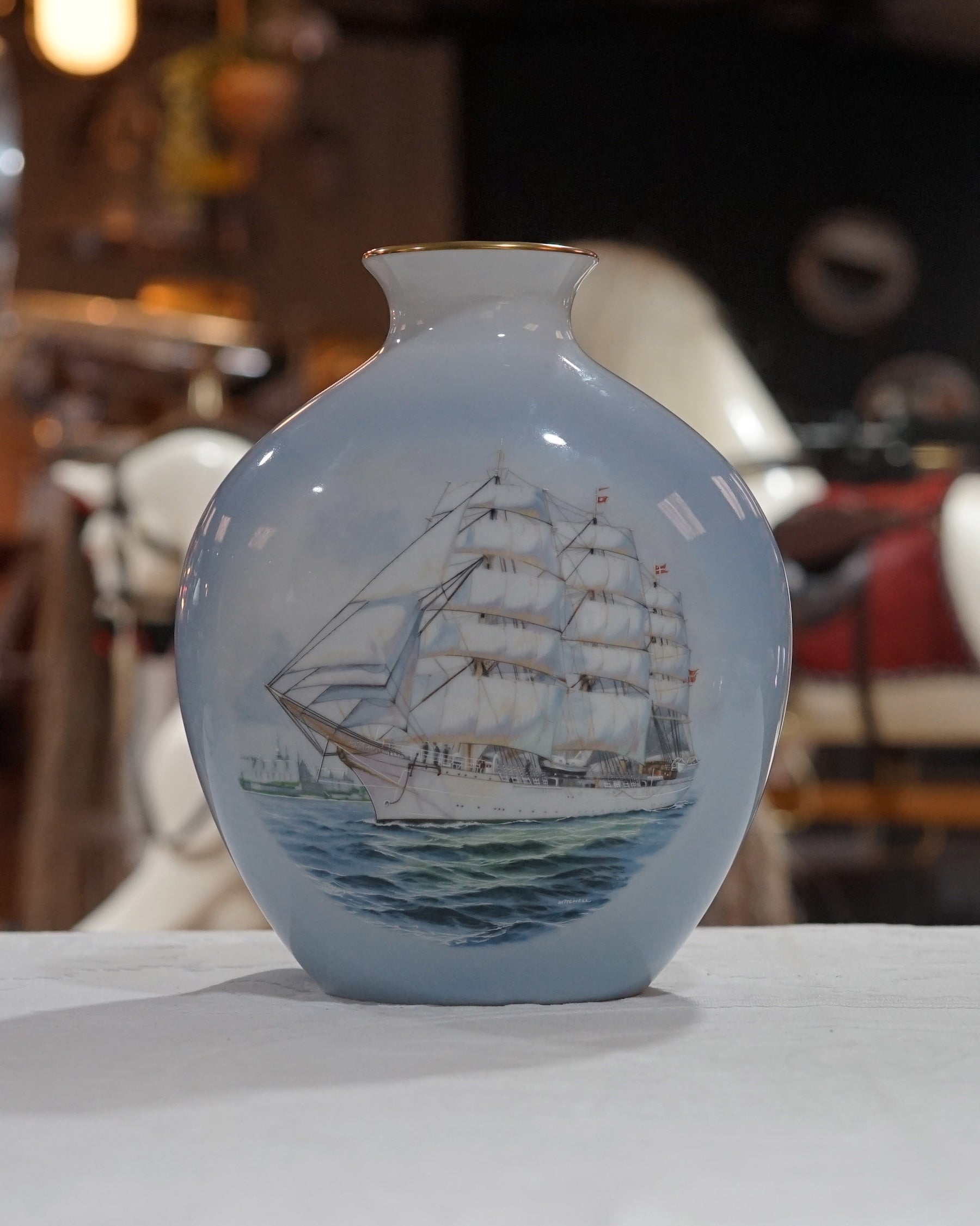Large vase of Tall Ship by Artist James Mitchell Trinity Marine