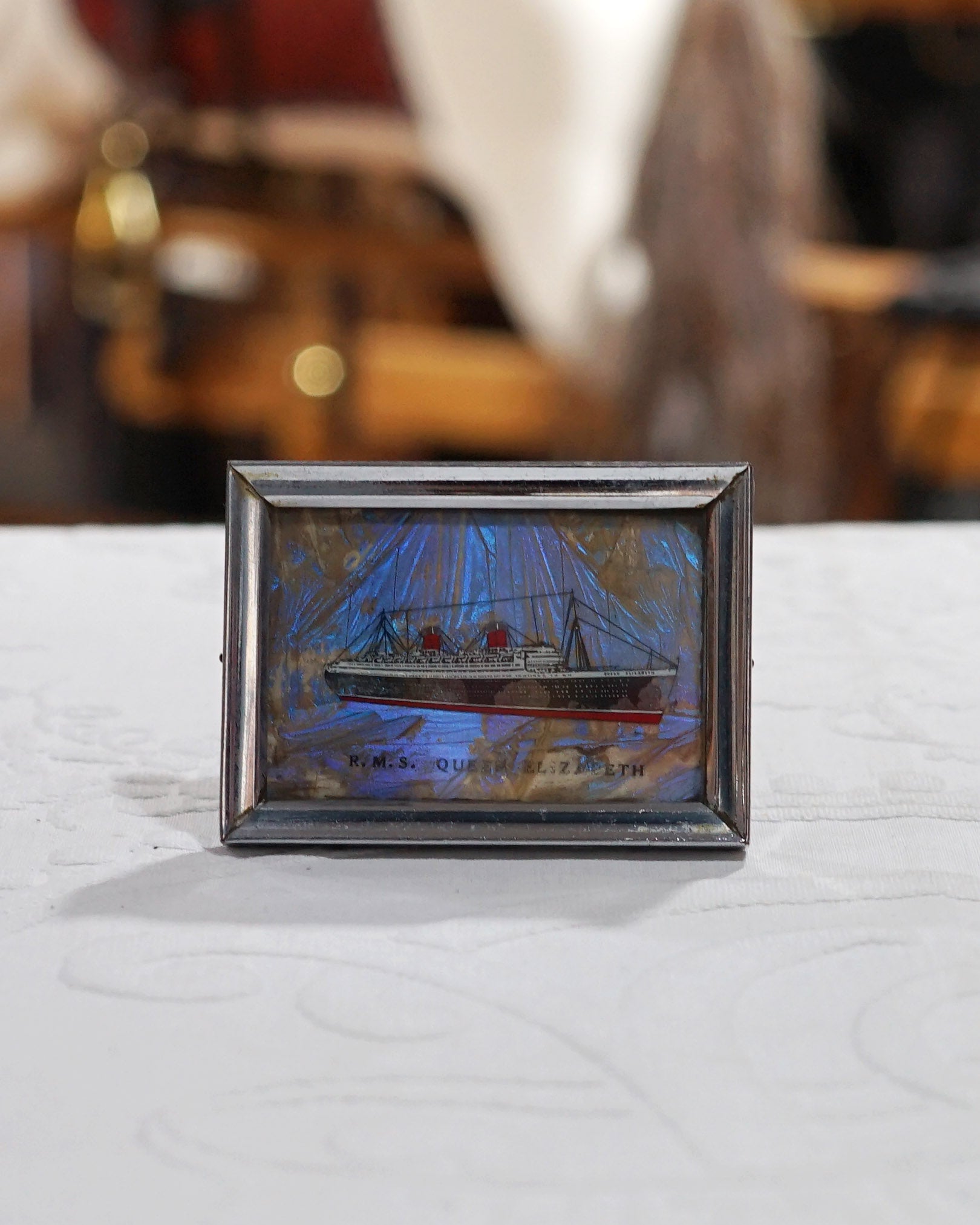 Vintage RMS Queen Elizabeth Framed Butterfly Painting Trinity Marine